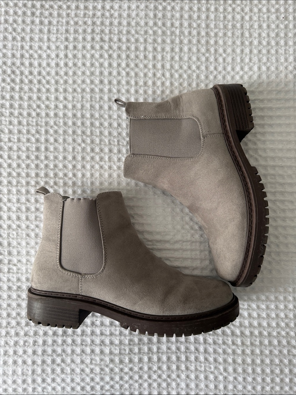JustFab Suede Chelsea Booties in Light Taupe